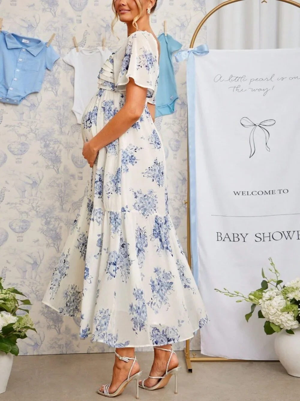 Blue And White Women's Maternity Square Neck Short Sleeve Floral Print Dress